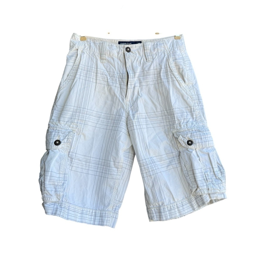 AMERICAN EAGLE OUTFITTERS Plaid Cargo Shorts Mens 28 Off White Multiple Pockets